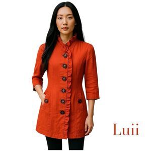 Luii Orange Pure Linen Ruffle Jacket NWOT Size S Coastal Grandma